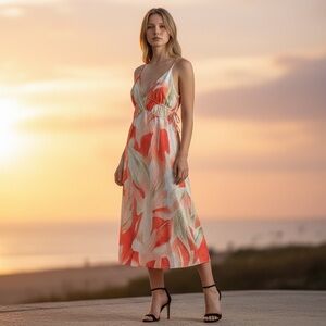 🌻H&M Coral Patterned Drawstring Detail Midi Dress Size Large